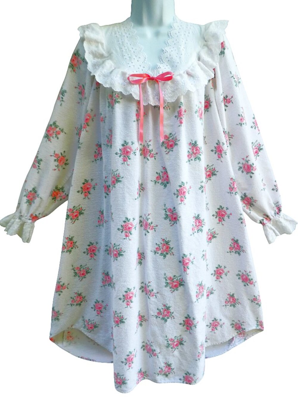 Vintage USA Lanz Salzburg White Eyelet Lace Pink Floral Roses Nightgown Flannel